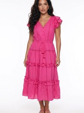 J. Crew Fuchsia Pom-Pom Tiered Midi Dress